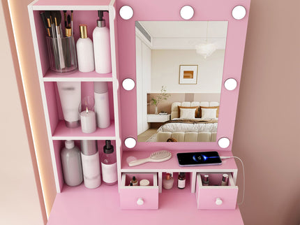 Vanity Table With Mirror, Adjustable LED Lights, Power Outlet, Hairdryer Holder & Stool