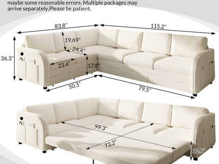 L-Shaped Couch With Pull-Out Bed, Convertible Sleeper Sofa With Side Pocket & USB Port