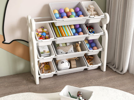 Multi Functional Kids Toy Storage Organizer Cabinet With Hdpe Shelf And 12 Bins - Gray White