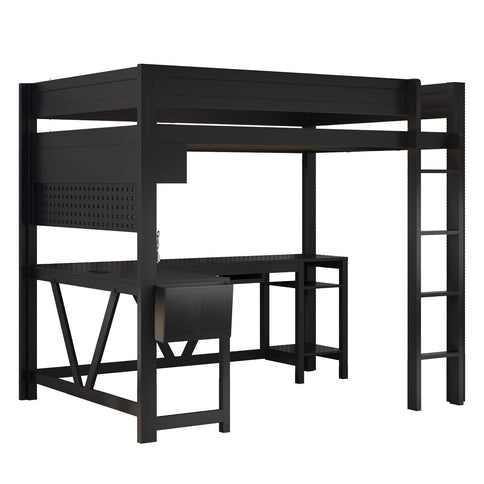 Gaming Loft Bed With Desk, Storage Shelves, LED And Charging Station