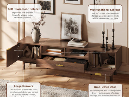 TV Stand For 75" TVs With Soft Closing Doors, Console With Accents And Drop Down Cabinet - Dark Brown