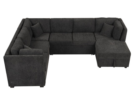 U-Shaped Sectional Sofa Pull Out Sofa Bed With Two USB Ports, Two Power Sockets, Three Back Pillows And A Storage Chaise For Living Room