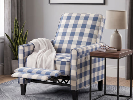 Buffalo Plaid Push Back Recliner Chair For Living Room - Blue / White