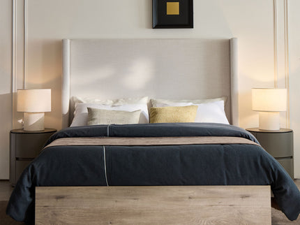 Shelton - Queen Upholstered Wingback Bed With 54" High Headboard - Ivory / Light Gray / Camel Oak