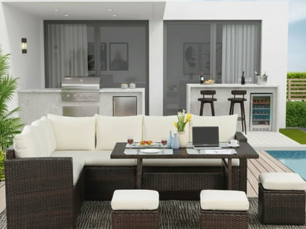 7 Piece Outdoor Dining Set With Cushions, Modular Sectional Sofa And Table