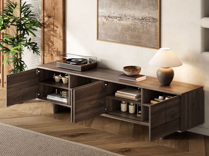 TV Stand For TVs Up To 85", Entertainment Center, Cable Management, Push Openers, Soft Closing Hinges & Adjustable Shelves - Dark Brown
