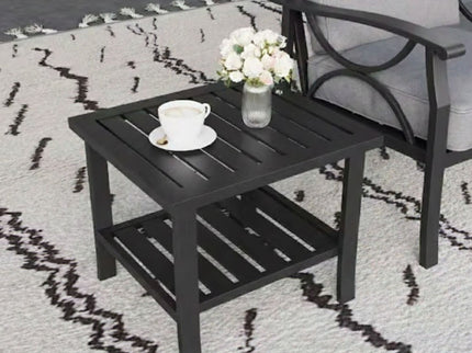 Square 2 Tier All-Weather Outdoor Side Table With Slatted Top