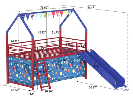 Jack - House Loft Bed With Slide And Curtain Set