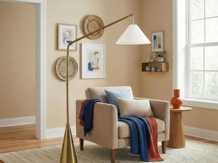 Lisbon - Floor Lamp With On / Off Switch Coned Base Hanging Shade - Antique Brass / White