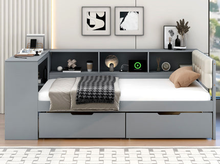 Upholstered Headboard Platform Bed With Storage Shelves, Drawers, Charging Station