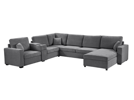 Modular 5 Seat U-Shape Sectional Sofa With Chaise Lounge, Built In Cup Holders And Storage Drawer
