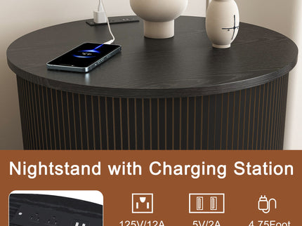 Cylinder Nightstand With Charging Station & Sliding Door