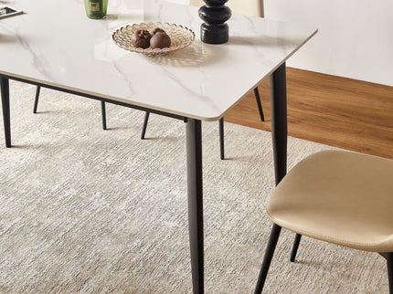 Mid Century Modern Dining Table Round White Sintered Stone Top Heavy Duty Metal Legs Waterproof Surface For Kitchen Dining Room Or Office Furniture - White / Black