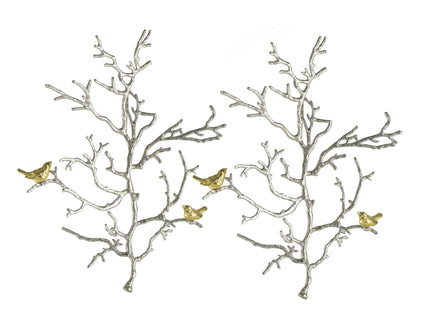 Metal Branch Wall Sculptures With Bird Accents (Set of 2) - Silver Multi