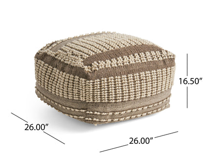 Rustic Wool And Cotton Large Pouf, Handcrafted Tufted Design - Brown / Beige
