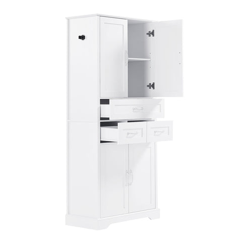 Tall Bathroom Storage Cabinet With 4 Doors 3 Drawers Adjustable Shelves - White