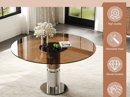 Round Dining Table / Tempered Glass Top - Brown