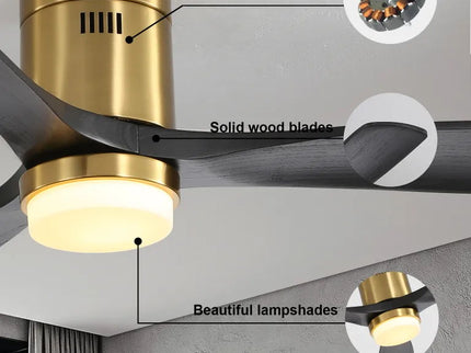 Flush Mount Ceiling Fan With 3 Solid Wood Blades Remote Control Reversible DC Motor For Living Room - Gold