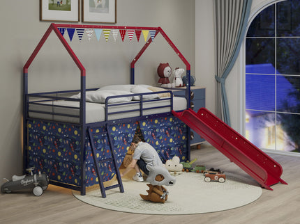 Jack - House Loft Bed With Slide And Curtain Set