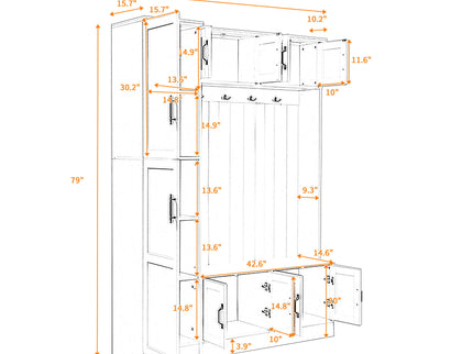 Tall Hall Tree With Shoe Storage, 4 In 1 Entryway Bench With 6 Cabinets, 4 Coat Hooks & Adjustable Shelf For Hallway - White