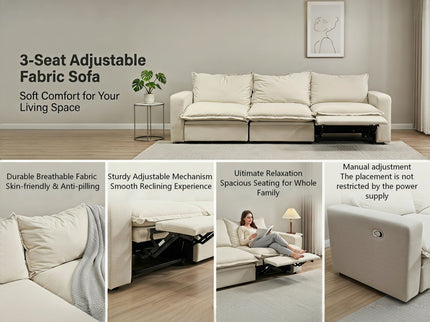 Plush Pillow Top Reclining Sofa, 3 Seat - Cream Beige