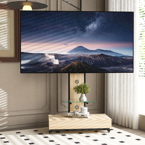 Mobile TV Cart With Push Pull Drawer, Lockable Wheels