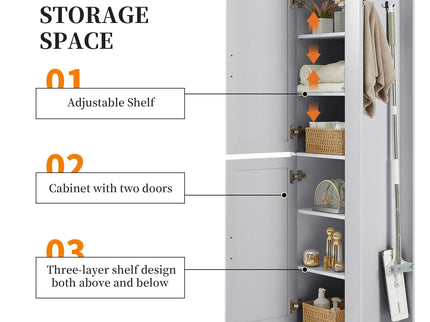 Tall Freestanding Bathroom Storage Cabinet With Adjustable Shelves And Side Hooks