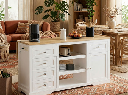 Drop Leaf Kitchen Island With Storage, Power Outlet & Pet Bowl Drawer - White / Light Oak
