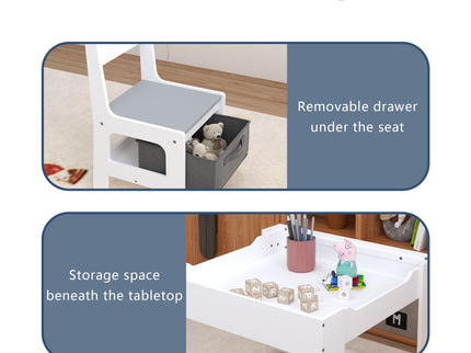 Kids Table And Chair Set, 3 In 1 Activity Table With Storage Drawer For Toddlers Drawing, Reading, Crafts, 2 In 1 Detachable Top - White