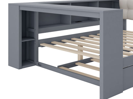 Upholstered Headboard Platform Bed With Storage Shelves, Trundle, Charging Station