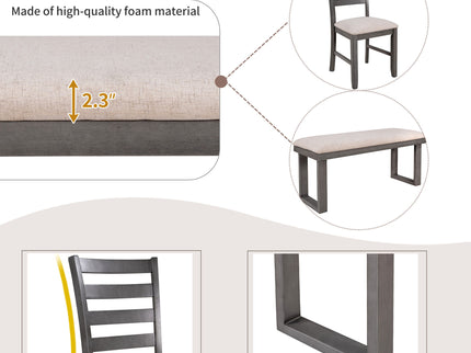 6 Pieces Family Furniture, Solid Wood Dining Room Set With Rectangular Table & 4 Chairs With Bench - Gray