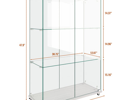 Modern Display Cabinet With LED Lights, Transparent Tempered Glass 2 Door Storage Case With 3 Shelves