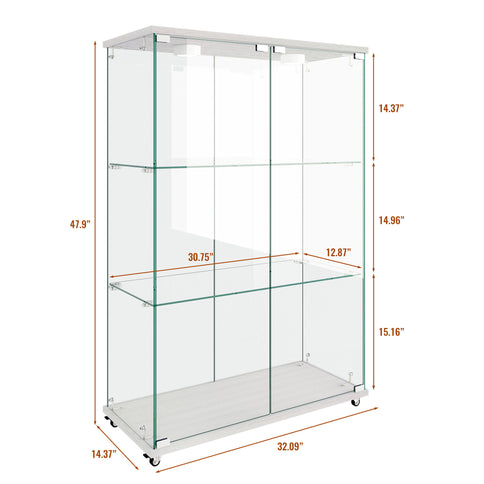 Modern Display Cabinet With LED Lights, Transparent Tempered Glass 2 Door Storage Case With 3 Shelves