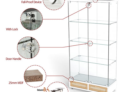 Glass Display Cabinet With LED Lights, Tempered Glass Doors, Large Drawers, 2 Door Storage Case With 4 Shelves - Natural / White