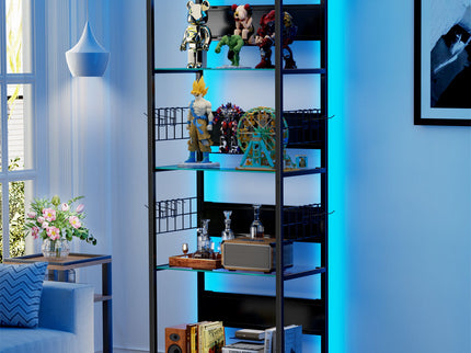 4 Tier Display Shelf With RGB Lights, LED Lighted Curio Cabinet With Adjustable Storage Box & Hooks - Black