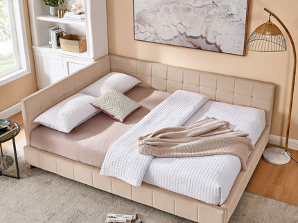 Mid-Century Storage Upholstered Tufted Bed Frame With Backrest And Armrests