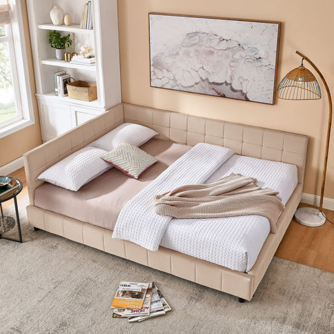 Mid-Century Storage Upholstered Tufted Bed Frame With Backrest And Armrests