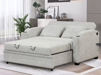 Pull Out Loveseat Sofa With Adjsutable Backrest, 2 Pillows, Cup Holders, USB Ports For Living Room