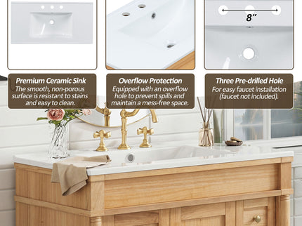 Modern Bathroom Vanity With Ceramic Sink, Soft Close Doors, Adjustable Shelves