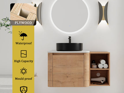 Wall Mounted Bathroom Vanity With Art Sink, 1 Storage Shelf, 2 Soft Close Doors