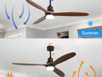 Ceiling Fan With Lights 3 Solid Wood Fan Blade Noiseless Reversible Motor Remote Control - Black