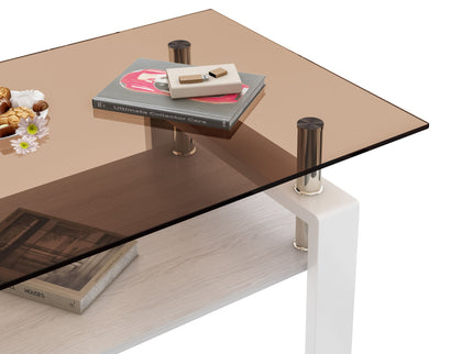 Modern Rectangular Coffee Table With Tempered Transparent Glass Top And Storage Shelf