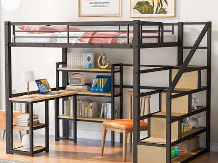Full Size Loft Bed With Staircase, Built In Desk And Shelves And Sleeping Surface - Black