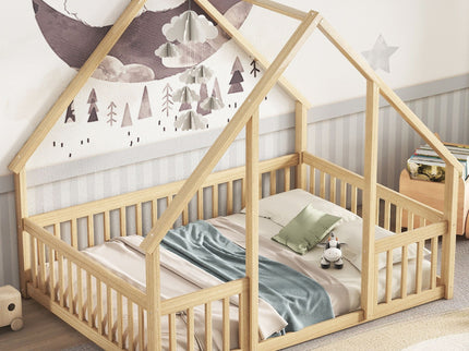 Wood House-Shaped Floor Bed With Fence, Guardrails