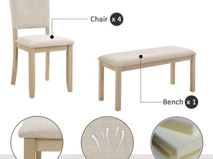 6 Piece Dining Table Set With Bench - Beige / Light Oak