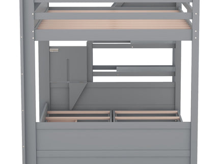 Wood Full Size Convertible Bunk Bed With Storage Staircase, Bedside Table, And 3 Drawers - Gray