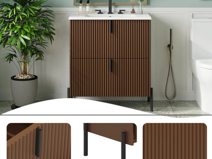 Fluted Bathroom Vanity With Ceramic Sink, Freestanding Design