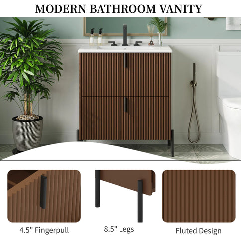 Fluted Bathroom Vanity With Ceramic Sink, Freestanding Design