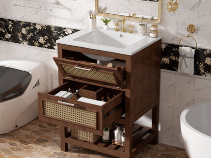 Modern Bathroom Vanity With Integrated Sink, Cabinet With 1 Deep Drawer And 1 Tip-Out Drawer