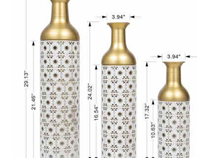Handcrafted Cutout Hollow Tall Standing Floor Vase, Home Decor (Set of 3) - White / Gold